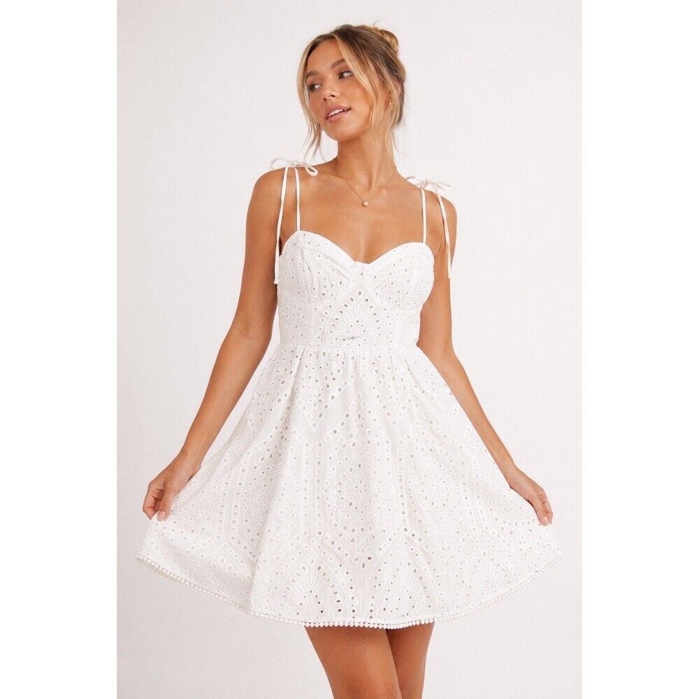 H&M White Eyelet Embroidered Tie Strap Babydoll Mini Dress NWT Size L